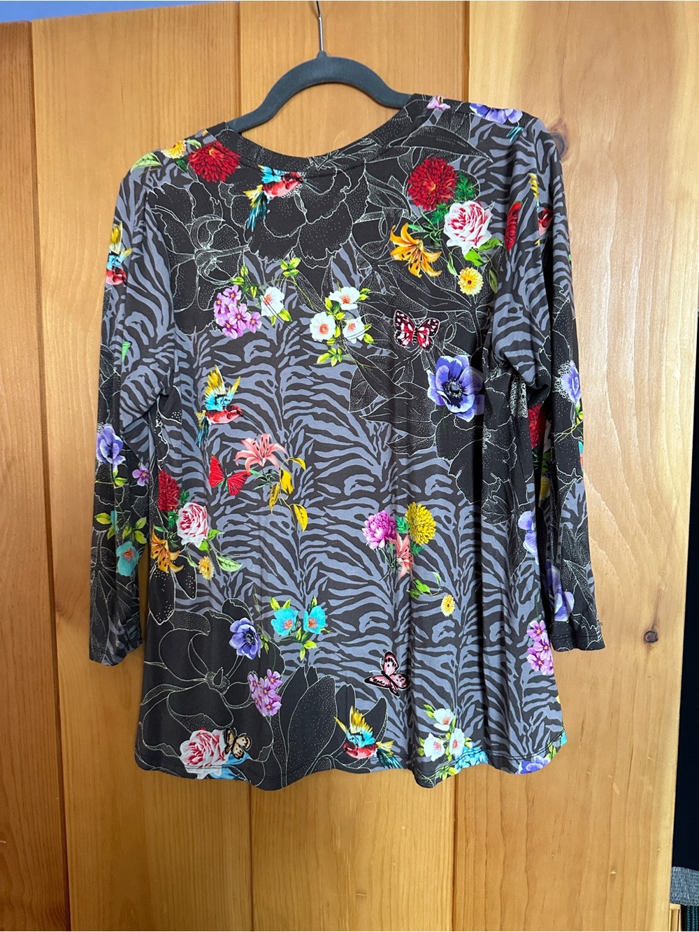 Johnny Was Gray Zebra-Print V-Neck Top with Multicolor Floral Accents - Picture 3 of 5